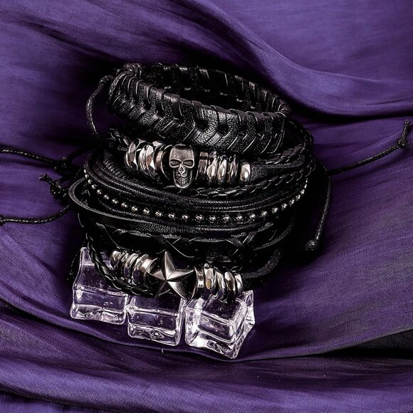 6Pcs Punk Leather Bracelets Women Men Braided Skull Accessories Adjustable - Picture 6 of 7